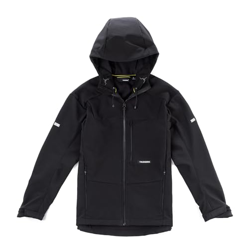 TRUEWERK Men's Insulated Work Jacket - S3 Solution Zip-Up Hoodie, Fleece-Lined, Waterproof Tactical Coat with 4-Way Stretch, Black, Large