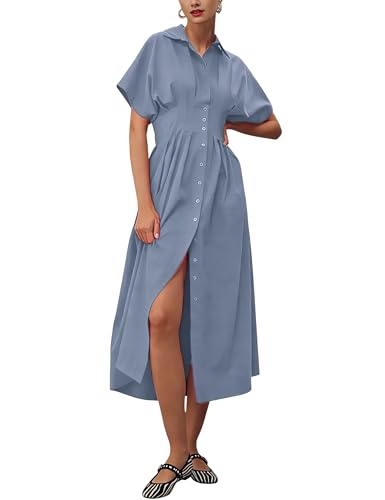Image of Yeokou Shirt Dress for Women Summer Casual Short Sleeve Button Down Loose Pleated Maxi Sundress with Pockets