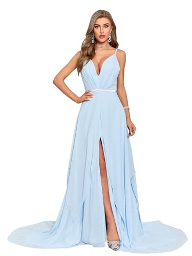 Baby Blue Women's V Neck Bridesmaid Dresses Ruffle Sleeveless Chiffon A Line Formal Dress with Slit Wedding Guest Dresses with Pockets Baby Blue US22W