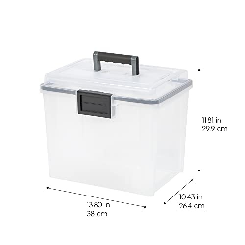 Image of IRIS USA WeatherPro Portable File Box Organizer, 19 Qt. 4-Pack, Clear | Store and transport letter size files, documents and records with weather resistant protection and secure latching