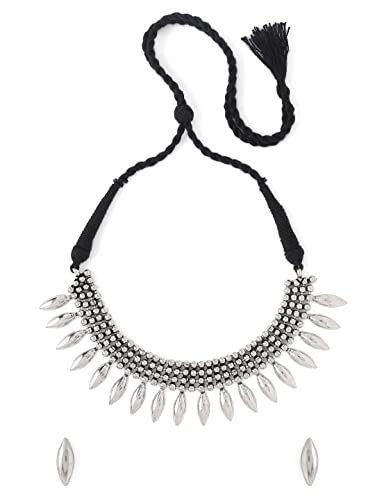 Women's Plated Geometric Choker Necklace Set, Oxidised Style