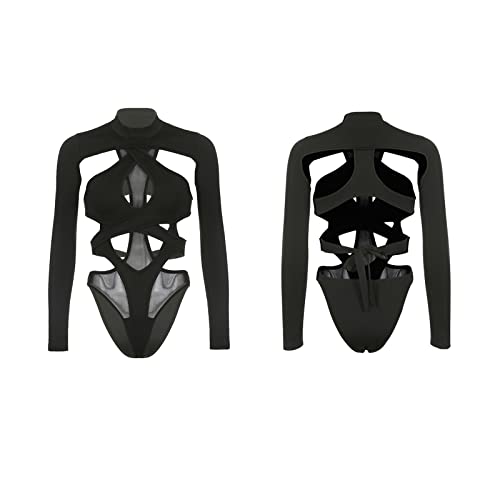 Women Slim One Piece Jumpsuit Long Sleeve Mock Neck Sheer Mesh Leotard Top Cut Out Bodysuit for Rave Party Club4