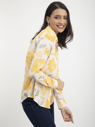 Image of FableStreet Women Shirt | Striped Long Sleeve Polo Collar Button Down | Breathable Linen Blend Fabric | Business Casual & Formal Wear