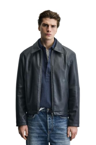 Image of EXOTIX Men's Black Leather Jacket | Collared Zip-Up, Classic Style | Black Crop Leather Jacket | Racing Sports Regular Bomber Collared Jacket for Men