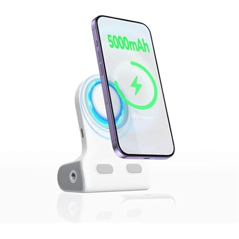 vimitty Magnetic Phone Stand with 5,000mAh Battery Charging Stand Desk Portable Charger and Portable Phone Holder with Shooting Grip Handle for iPhone Cellphones (White) Cover
