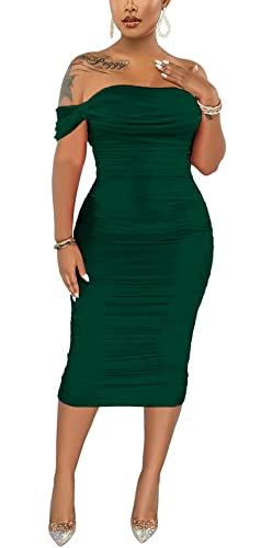 Image of Fooullaide Women's Sexy Off Shoulder Sleeveless Bodycon Ruched Midi Dress | Stretchy, Breathable, Mesh, Not See-Through, Elegant,Formal Gown, Cocktail, Evening, Party, Night Out Tube Dresses