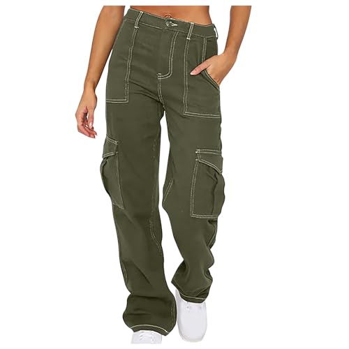 Women 2024 Stylish Cargo Pants High Waisted Patchwork Straight Fit Workwear Pants Button Zipper Streetwear Trousers