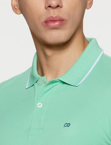 Image of Peter England Men's Snug Fit Solid Polo T-Shirt with Coloured Collar Tipping| Cotton Rich| Premium Pique Weave