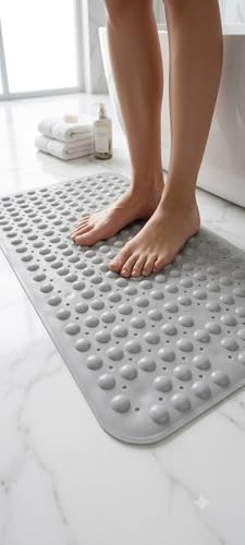 Image of Dribble Anti-Slip PVC Bath Mat with Suction Cups & Drainage Holes | Waterproof Shower Mat for Bathroom, Bathtub & Wet Areas | Soft Massage Surface, Quick Dry, Washable Bath Mat (70 X 38 cm) Grey