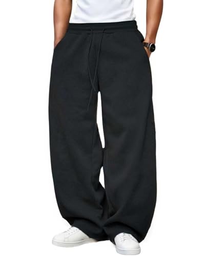 Image of Men's Baggy Sweatpants Fleece Wide Leg with Elastic Drawstring Waist, Casual Loose Lounge Joggers
