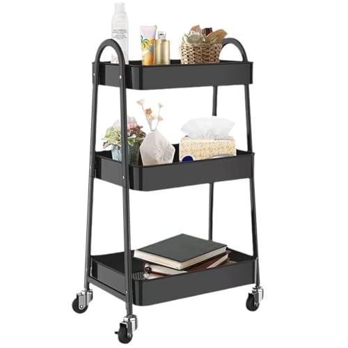 Secchuu キッチンワゴン スチール製ボデイ 3段タイプ 耐荷重45KG 幅45cm×奥行29cm×高さ75.5cm シンプルさ 収納ワゴン スチール製ボデイ キャスター付き スムース移動 小物収納 組立商品 (黒色, A形 3段)