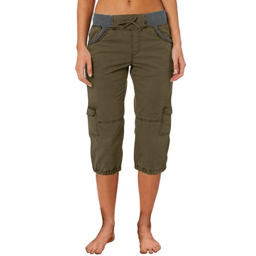Pantalones casuales de trabajo para mujer, longitud 3/4, bloqueo de color, cintura elástica, múltiples bolsillos, algodón elástico, ajustado, cómodos, pantalones de vacaciones de primavera a la moda