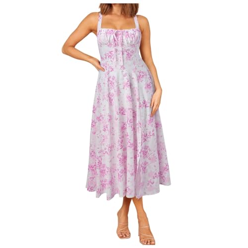Photo de Milkmaid Robe d'été pour femme Robe de soirée longue Corset Robe maxi Robe d'été bohème avec fente Robe de plage d'été sans manches Robe décontractée élégante légère et aérée, E-g., L
