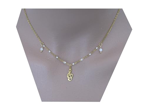 Collier Chaîne pendentif Clé de Sol Note de Musique Acier Inoxydable Doré Or Pierre Naturelle de Lune Blanc Piano Guitare Cadeau Anniversaire Noël Femme...