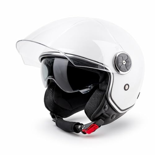 VINZ Tobia Casque Jet avec Visière Solaire et Visière | Casque de Scooter Moto / Vintage | Certifié ECE 22.06 | Tailles XS-XXL - Blanc
