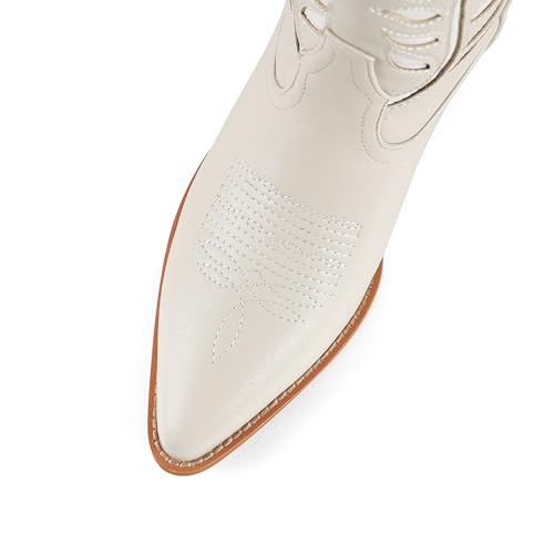 Synchoiss Cowboy Boots for Women Knee High with Retro Embroidered Cowgirl Boots Almond Pointed Toe Chunky Heel Western Tall Boots Pull on3