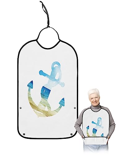 LEOKOTI Anchor Shape Sea Adult Bibs for Eating, Waterproof Bibs with Food Catcher & Adjustable Snap Closure, Watercolor Blue Sky Beach Washable Clothing Protectors Adult Bibs for Elderly Women/Men