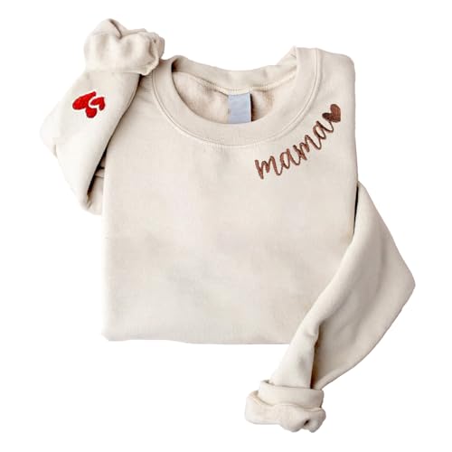 Famitrendz Mama Embroidered Crewneck Sweatshirt Mama Sweater with Heart on Sleeve Gifts for Mom on Mothers Day Birthday Christmas (Size S Color 01 Sand)