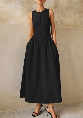 Image of PRETTYGARDEN Maxi Dresses for Women 2026 Summer Casual Sleeveless Patchwork Flowy Vacation Sundress Knit Long Work Tank Dress