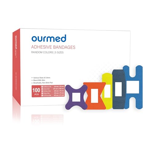 Ourmed Flexible Fabric Bandages with Non-Stick Pad, Latex Free, Rainbow Colors Adhesive Bandage First Aid Wound Care for Cuts, Scrapes, Blisters, Assorted Sizes, 100 Count
