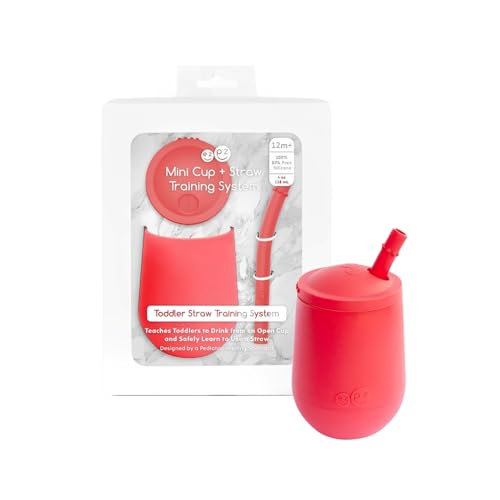 Image of ezpz Mini Cup + Straw Training System (Coral) - 9 Months+ - 100% Silicone Training Cup for Infants + Toddlers - Designed by a Pediatric Feeding Specialist