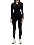 NANJI Front Zip Up Jumpsuits for Women - Long Sleeve Crew Neck Ribbed Seamless Bodycon Romper, Casual Yoga Workout Outfits (M, Black)