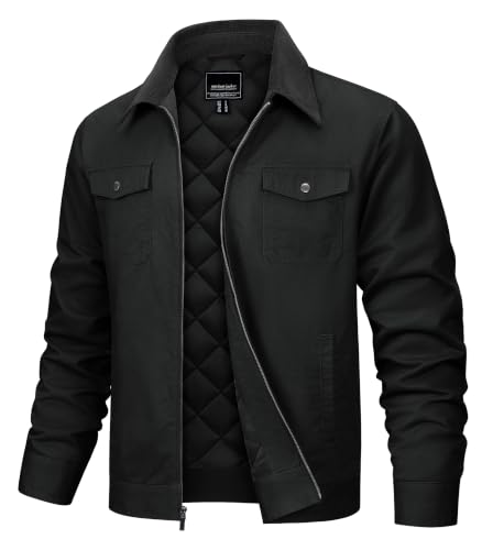 TACVASEN Men's Black Jacket Casual Fall Work Quilted Shacket Winter Warm Cotton Jacket with Corduroy Collar for Military
