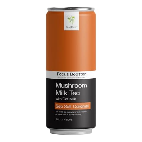HEALTHEE Booster Milk Tea with Oatmilk | Ready to Drink On-the-go Creamy Beverage | Functional Mushroom & Collagen | All Natural No Preservatives | 8 Fl Oz Can (Sea Salt Caramel - Focus) Cover