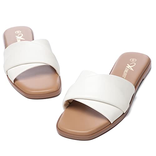 Athlefit Women's Summer Flat Sandals Slip On Square Toe Soft Leather Slide Sandals4