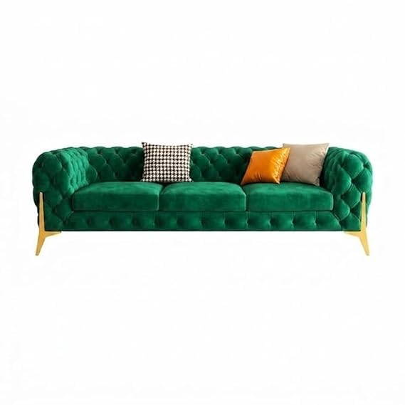 Image of A to Z Furniture Modern Classic Fabric & Valvet Tufted Chesterfield Sofa Living Room and Office (3+1= 4 Seater Sofa Set with Footrest Dark Green)