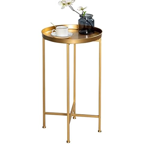 HollyHOME Small Round Metal Waterproof End Table, Accent Indoor&Outdoor Coffee Side Table, Snack Sofa Table for Living Room, Anti-Rust Decorative Plant Stand, (D) 14.5" x (H) 25", Golden Cover