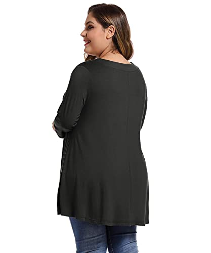 Monnuro Womens 3/4 Sleeve V Neck Plus Size Casual Loose Flowy Swing Tunic Tops Basic T Shirts Wearing With Leggings(Black,2X) #TOP3