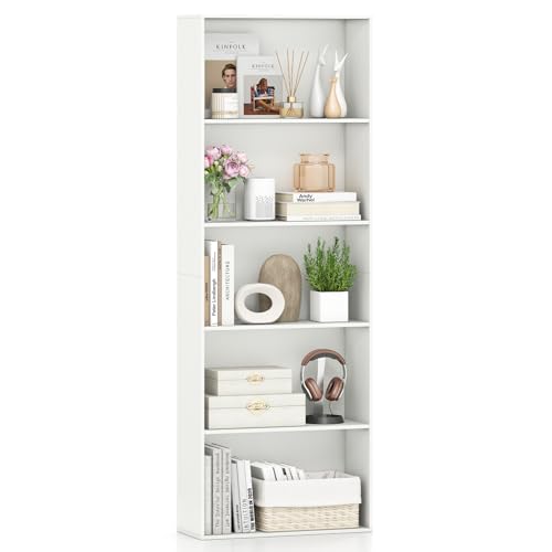 Image of COSTWAY 5/6-Tier Tall Bookcase, Floor Standing Book Storage Organizer with 2 Anti-tipping Kits, Modern Display Rack Bookshelf for Living Room Bedroom Study Office (White, 60 x 24 x 170 cm)