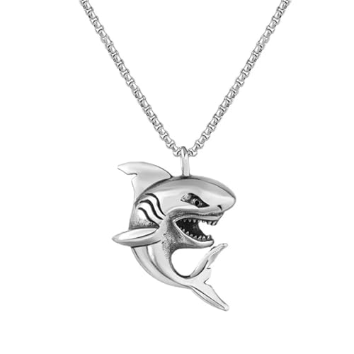 Pendentif Requin Personnalisé Couleur Argent avec Chaîne de Cou Punk et Hip-Hop