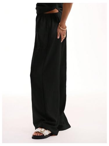 Women's Linen Pants Elastic Waist Wide Leg Palazzo Pants Beach Vacation Outfits Summer Trousers2