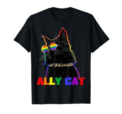Ally Cat Occhiali LGBT Gay Pride Ally Bandiera Arcobaleno Uomini Donne Maglietta