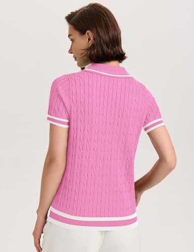 Image of Micoson Womens Short Sleeve Sweater Tops Lapel V Neck Polo Shirts 2026 Summer Cable Knit Loose Blouse Business Casual Outfits