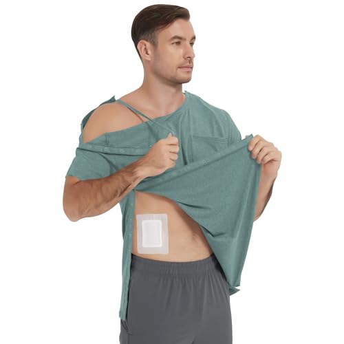 Men's Post Shoulder Surgery Shirts Short Sleeve, Tear Away Adaptive Clothes After Rotator Cuff Chemo Port T Shirt Tops (Linen Green,S)
