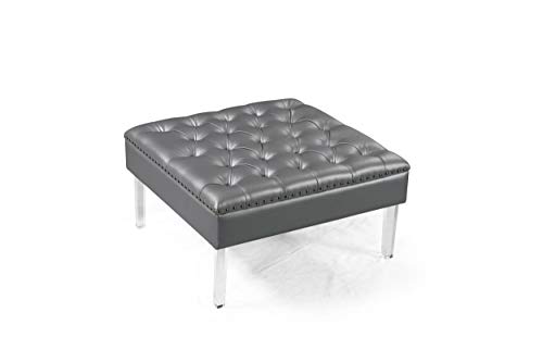 Iconic Home Pierre Square Ottoman Center Table Button Tufted Pu Leather Upholstered Acrylic Legs Modern Transitional Silver #TOP2