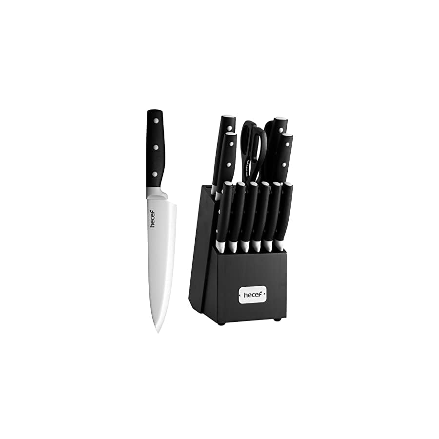 hecef-Kitchen-Knife-Block-Set-14-Pieces-Knife-Set-with-Wooden-Block-Sharpener-Steel-All-purpose-Scissors-High-Carbon-Stainless-Steel-Cutlery-Set-Black hecef Kitchen Knife Block Set, 14 Pieces Knife Set with Wooden Block & Sharpener Steel & All-purpose Scissors, High Carbon Stainless Steel Cutlery Set (Black)