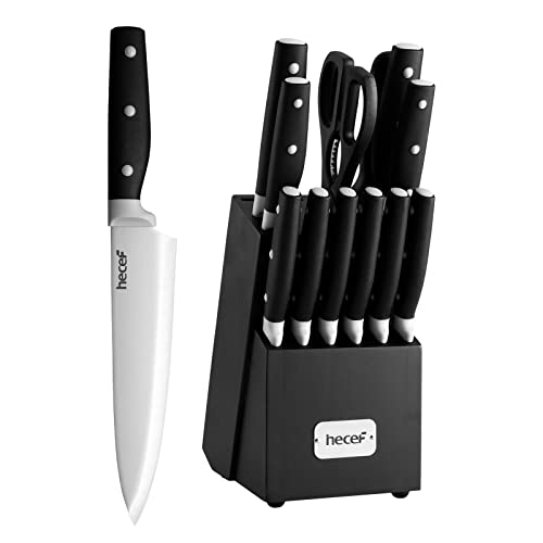 hecef Kitchen Knife Block Set 14 Pieces Knife Set with Wooden Block & Sharpener Steel & All-purpose Scissors High Carbon Stainless Steel Cutlery Set (Black)