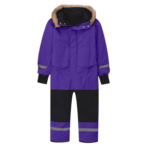 Children's Ski Suit Insulated Snow Bib Overalls Thermal Warm Snowsuit with Removable Hood Mud (Purple #1, 6-7 Years)3