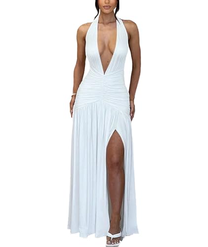 Image of Ekaliy Women's Sexy Halter Deep V Neck Maxi Dress Sleeveless Backless High Slit Ruched Long Dress Summer Party Cocktail Dress