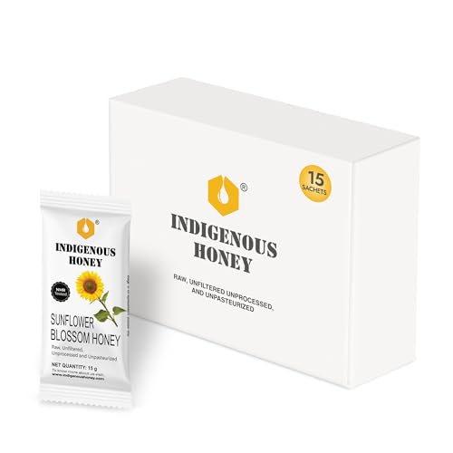 Image of INDIGENOUS HONEY Organic Sunflower Honey Natural Raw Pure Unprocessed Added Sugar Free NMR Tested Unpasteurized Unheated 15 Travel Friendly Sachets 15g Each Total 225g