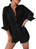 SOLY HUX Women's Button Down Long Sleeve Collar One Piece Romper Playsuit Bodysuit Short Jumpsuit Solid Black L