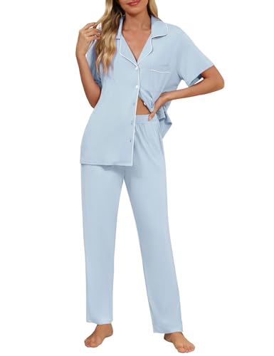 Senert Women Pajamas Set Short Sleeve Sleepwear Button Down Shirt with Long Pants Fall Lounge Sets Soft Pjs Nightwear S-XXL