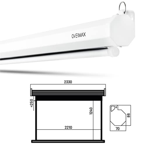 OVERMAX Automatische Hängende Beamer Leinwand groß 100 Zoll 16:9, Abmessungen 221 x 124 cm, Verstellbare Leinwandlänge, Full HD, 4k, Wand-und Deckenmontage, Projektion für Heimkino