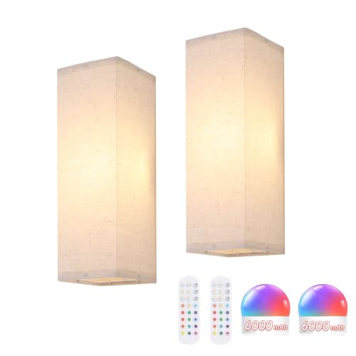 Image of Shenmoyl 2-Pack Rectangle Wall Sconces, Battery Operated with 6000mAh Rechargeable Bulb, 12 RGB Colors & Dimmable, Stick on Wall No Drill, Timer Function, Linen Shade for Bedroom Living Room Decor