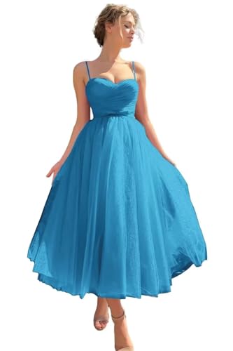 Image of A line Ruched Tulle Prom Dress Spaghetti Straps for Women, Tea Length Sweetheart Homecoming Dress Cocktail Dress