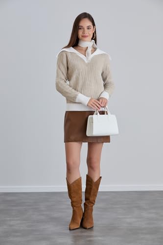 Image of Sweaters for Women Fashion Long Sleeve Lapel Collar V Neck Casual Knit Color Block Pullover Sweater